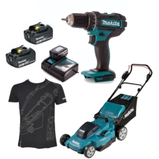 Набір акумуляторних інструментів Makita: газонокосарка DLM330Z, дриль-шуруповерт DDF482, у кейсі, 3 акб 3 Ah, з/п, футболка L