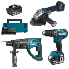 Набір акумуляторного інструменту LXT Makita 18 В: КШМ DGA511Z, перфоратор DHR202Z, ударний дриль-шуруповерт DHP485RFJ, 2 акб LXT 18 В 3.0 Ah, з/п DC18RC