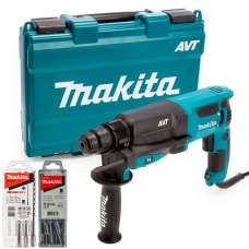 Перфоратор Makita HR2631F з двома наборами бурів B-12332 (3 шт) та D-40602 (25 шт), у кейсі