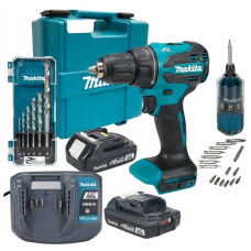 Аккумуляторная дрель-шуруповерт Makita LXT Basic DDF490WVE, 2 акб BLB182, з/у DCB18WA, набор сверл, набор бит с держателем, кейс